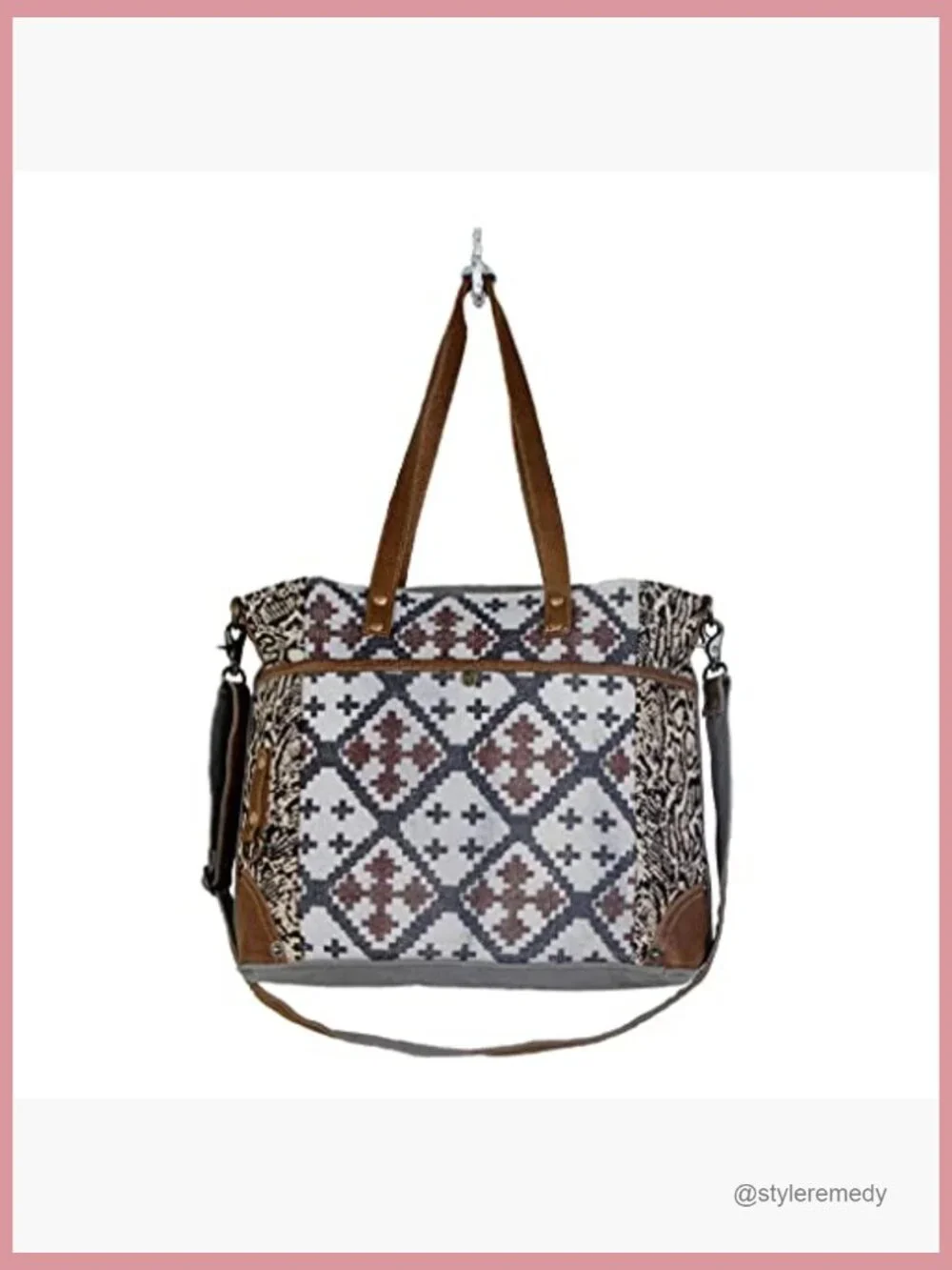 Upcycled Cotton & Leather Messenger Bag with Multiple Pockets & Adjustable Strap
